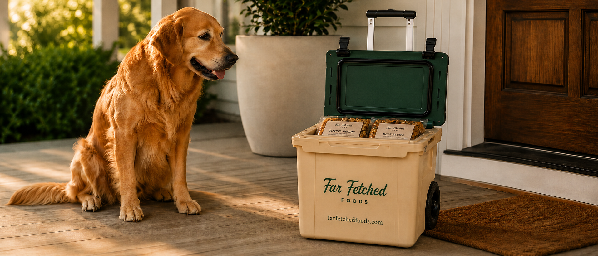 Dog sitting next to a Far Fetched Food container on a wooden deck.