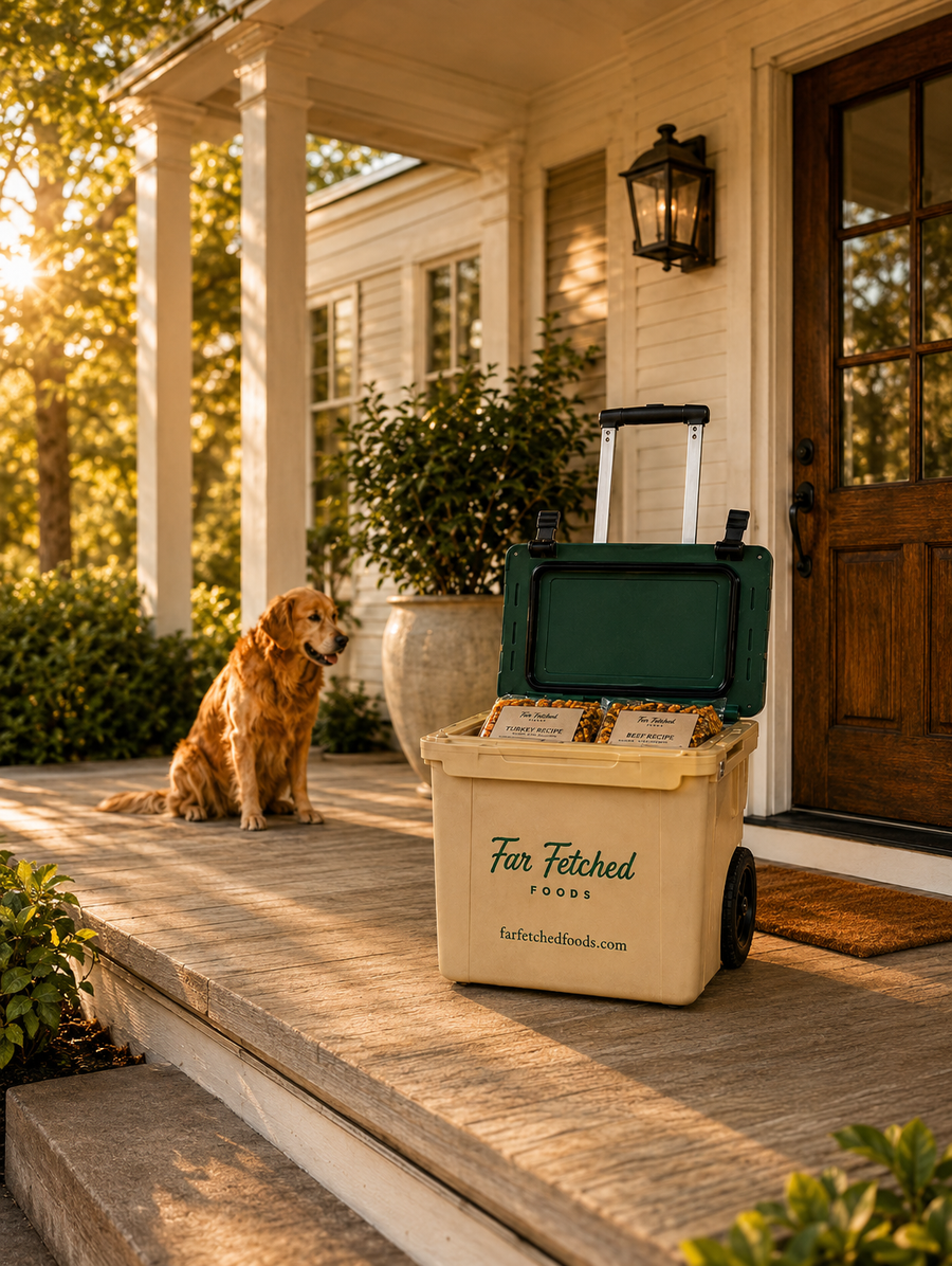 Cooler box with 'Far Fetched' branding on a porch with a dog sitting nearby.